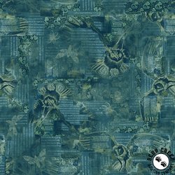 Clothworks Night Whispers Owl Collage Dark Teal