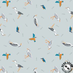 Lewis and Irene Fabrics Small Things Rivers and Creeks Herons and Kingfisher Light Blue