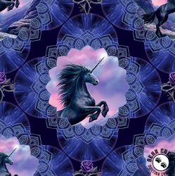 Clothworks Unicorn Magic Medallions Navy Blue