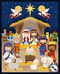 Blank Quilting Away in a Manger Nativity Panel Blue