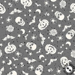 Maywood Studio Goth Gardens Floating Pumpkins and Skulls Grey