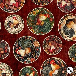 QT Fabrics Rule the Roost Rooster Medallions Wine QT Fabrics Rule the Roost Rooster Medallions Wine