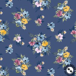 Clothworks Violetta Tossed Flowers Denim