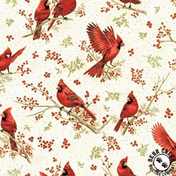 Hoffman Fabrics Berries and Birch Tossed Cardinals Natural/Gold