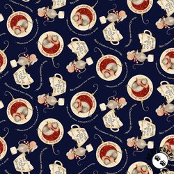 Clothworks Gingerbread Christmas Mice Navy Blue