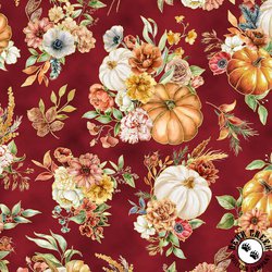 Hoffman Fabrics Harvest Bouquet Pumpkins and Flowers Maroon