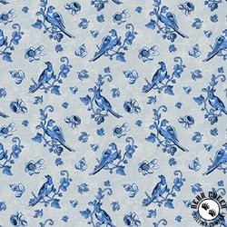 Blank Quilting English Blue and White Birds with Flowers Light Gray Blank Quilting English Blue and White Birds with Flowers Light Gray
