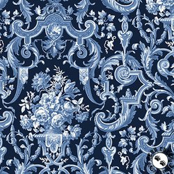 Blank Quilting English Blue and White Flowers in Vases with Scrolls Navy Blank Quilting English Blue and White Flowers in Vases with Scrolls Navy