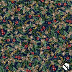 P&B Textiles Joyful Packed Pinecone Sprigs Navy