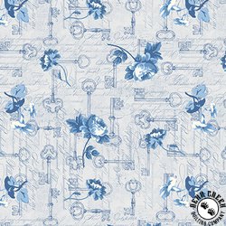Blank Quilting English Blue and White Flowers with Keys Light Gray Blank Quilting English Blue and White Flowers with Keys Light Gray
