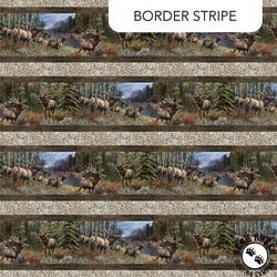 Northcott Timber Trails Naturescapes Elk Border Stripe Taupe/Multi