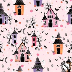 Blank Quilting Ghostly Greetings Haunted Houses Light Pink Blank Quilting Ghostly Greetings Haunted Houses Light Pink
