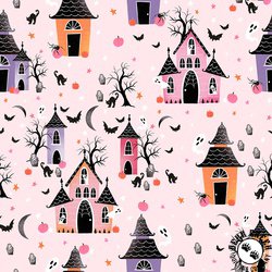 Blank Quilting Ghostly Greetings Haunted Houses Light Pink