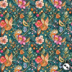 QT Fabrics Fluttering Garden Butterfly Floral Paisley Dk. Turquoise QT Fabrics Fluttering Garden Butterfly Floral Paisley Dk. Turquoise