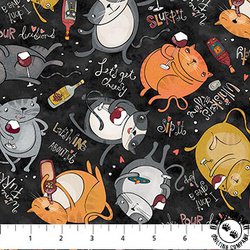 Northcott Whiskers and Wine Cats Black/Multi