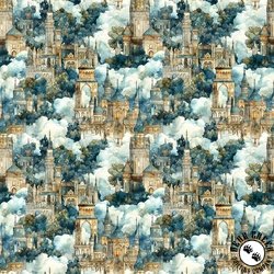 QT Fabrics Folklore Castles in Clouds Light Brown/Teal QT Fabrics Folklore Castles in Clouds Light Brown/Teal