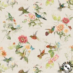 Clothworks Hummingbird Days Toile Light Khaki