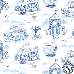 Clothworks Sandy Toes Scenic Toile Blue