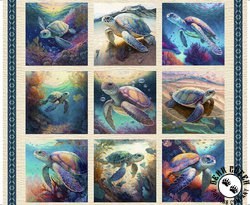 QT Fabrics Endless Blues Sea Turtle Picture Patch Block Panel Cream