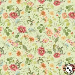 Clothworks Hummingbird Days Mixed Floral Light Olive