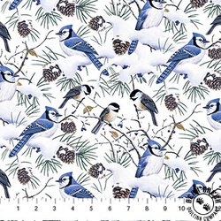 Northcott Naturescapes Winter Jays Flannel Birds Pale Blue