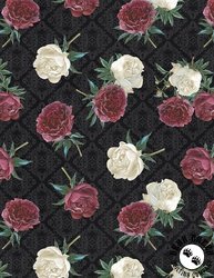 Wilmington Prints Crimson Blooms Tossed Florals Black