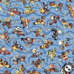 QT Fabrics Turbo Tykes Animal Race Car Toss Blue QT Fabrics Turbo Tykes Animal Race Car Toss Blue
