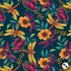 Blank Quilting Luminous Haven Dragonflies and Flowers Ocean Blue