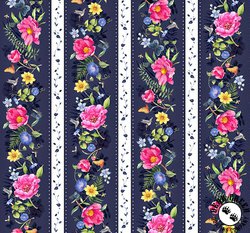 P&B Textiles Indigo Song Flowing Floral Border Stripe Multi