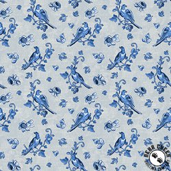 Blank Quilting English Blue and White Birds with Flowers Light Gray Blank Quilting English Blue and White Birds with Flowers Light Gray