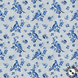 Blank Quilting English Blue and White Birds with Flowers Light Gray