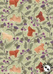 Lewis and Irene Fabrics Highlands Highland Cow and Thistle Soft Apple