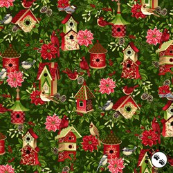 Studio E Fabrics Tis The Season Bird Houses Green