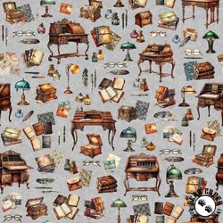 Qt Fabrics Bookworm Writing Desk and Motifs Toss Gray