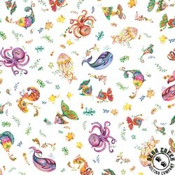 P&B Textiles Happy Ocean Life Sea Life Allover White