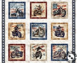 QT Fabrics Stars, Stripes, and Steel Motorcycle Picture Patches Panel Multi QT Fabrics Stars, Stripes, and Steel Motorcycle Picture Patches Panel Multi