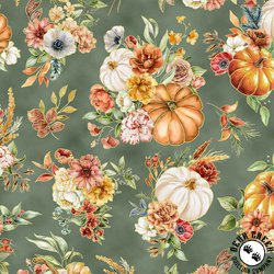 Hoffman Fabrics Harvest Bouquet Pumpkins and Flowers Earl Grey