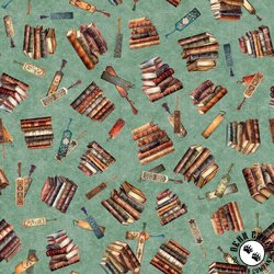 Qt Fabrics Bookworm Stacked Book Toss Dark Sage