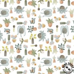 Windham Fabrics Petal and Purr Potted Plants White