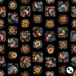 QT Fabrics Poultry in Motion Roosters and Sunflowers Black QT Fabrics Poultry in Motion Roosters and Sunflowers Black