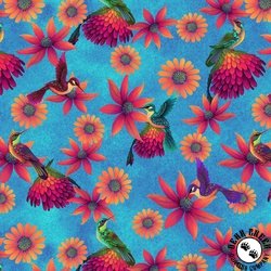 Blank Quilting Luminous Haven Hummingbirds and Flowers Bright Blue