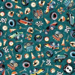 QT Fabrics Turbo Tykes Racetrack Gear Teal QT Fabrics Turbo Tykes Racetrack Gear Teal