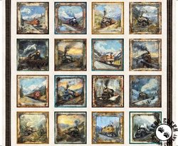 QT Fabrics Steam & Steel Train Picture Patches Panel Pearl QT Fabrics Steam & Steel Train Picture Patches Panel Pearl
