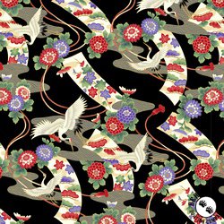 P&B Textiles Tsuru Cranes and Ribbons Black