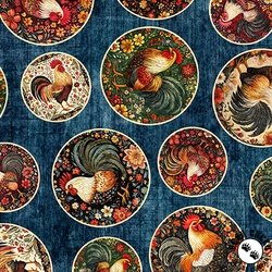 QT Fabrics Rule the Roost Rooster Medallions Navy QT Fabrics Rule the Roost Rooster Medallions Navy