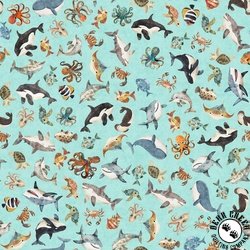 QT Fabrics Deep Sea Dazzle Sea Creatures Aqua
