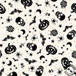 Maywood Studio Goth Gardens Floating Pumpkins and Skulls White