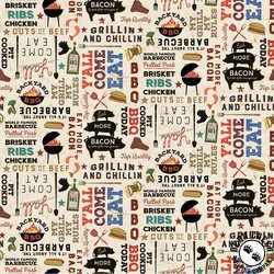 Clothworks Backyard BBQ Words Light Khaki Clothworks Backyard BBQ Words Light Khaki