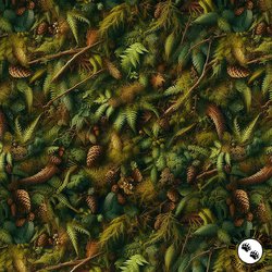 Blank Quilting Wilderness Song Forest Moss, Leaves and Pine Cones Green