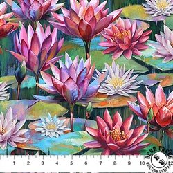 Northcott Lotus Flowers Dark Green/Multi Northcott Lotus Flowers Dark Green/Multi